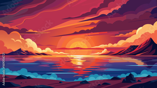 Vector art of vibrant sunset over water with mountains and clouds in colorful style