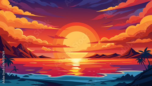 Vector art of tropical sunset over the ocean with palm trees and colorful clouds view