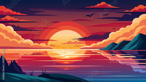 Vector art of vibrant sunset over the sea with mountains and clouds reflecting in water