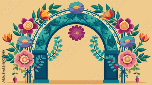 Vector art of floral archway with colorful flowers and leaves on a beige background