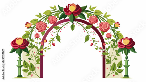 Vector art of elegant floral archway with red roses and leaves