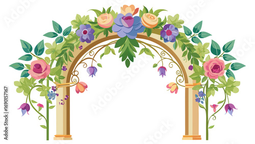 Vector art of beautiful floral archway with roses and leaves