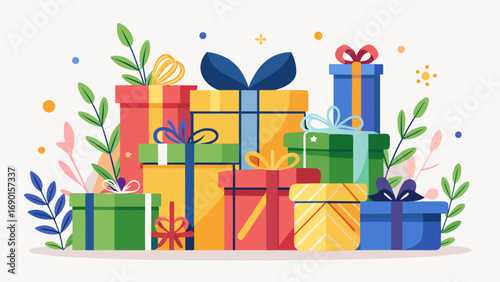 Vector art of pile of colorful gift boxes with ribbons and bows on