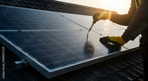 Rooftop Solar Panel Installation: Technician in Yellow Gloves Secures Panel with Screwdriver at Sunset