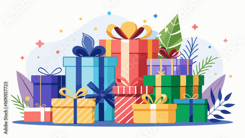Vector art of stack of colorful gift boxes with ribbons