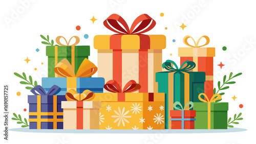 Vector art of pile of colorful gift boxes with ribbons