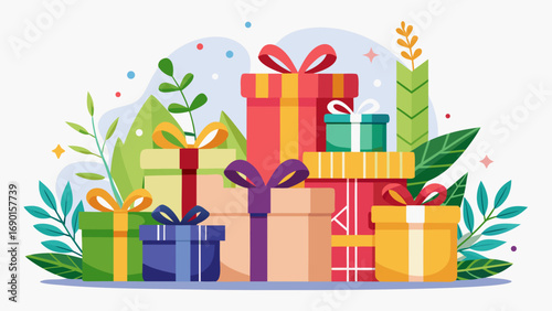 Vector art of pile of colorful gift boxes with ribbons