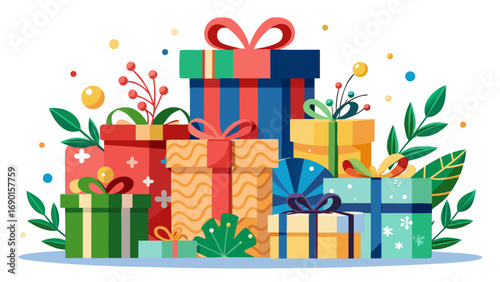 Vector art of pile of colorful gift boxes with ribbons