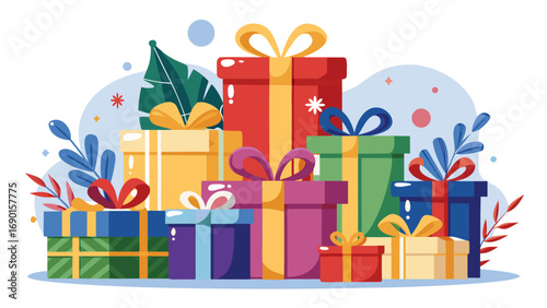Vector art of pile of colorful gift boxes with ribbons