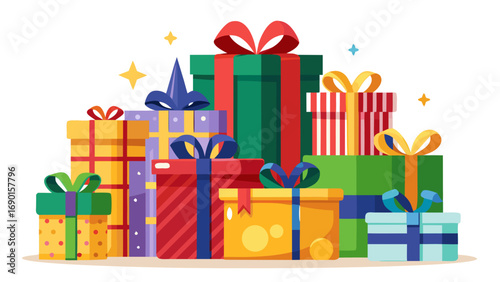 Vector art of pile of colorful gift boxes with ribbons