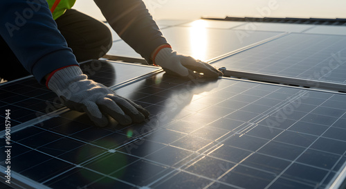 Solar Panel Installation: Worker in Gloves Adjusting Panels at Sunrise on Rooftop - Renewable Energy, Sustainable Future