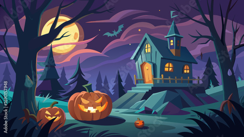 Vector art of halloween night with spooky house, pumpkins, trees and full moon in sky