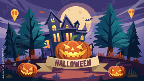 Vector art of halloween night scene with haunted house, pumpkins and full moon in sky