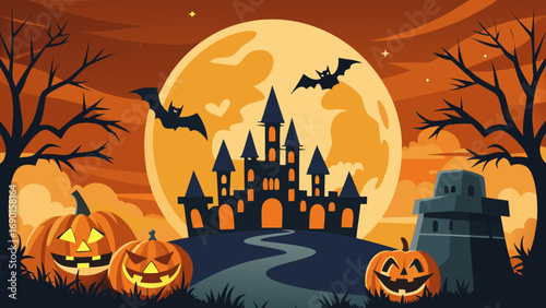 Vector art of halloween night with castle, pumpkins and bats in the moonlight scene