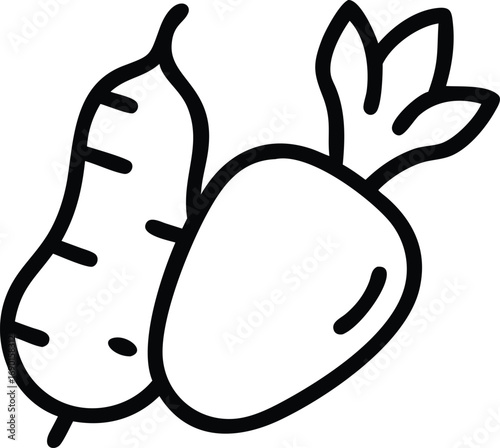 Single stroke monoline drawing of radish, turnip, and potato arranged together.
