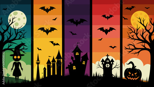 Vector art of halloween night scene with witch, haunted house, bats and spooky pumpkins