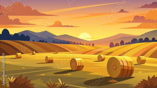 Vector art of golden sunset over field with hay bales, a serene rural landscape view