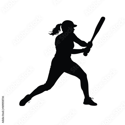 Silhouette of female baseball player swinging bat, isolated on white background, a woman playing baseball silhouette vector illustration