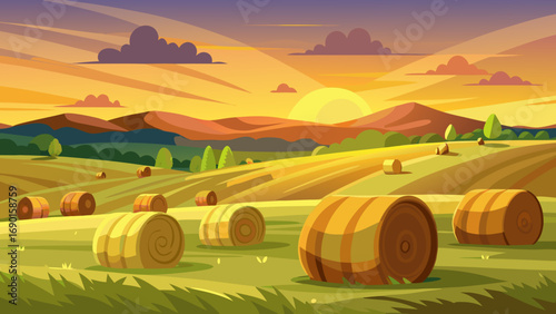 Vector art of idyllic rural landscape with hay bales at sunset in the countryside