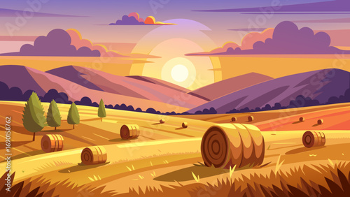Vector art of picturesque rural landscape with hay bales at sunset in the countryside