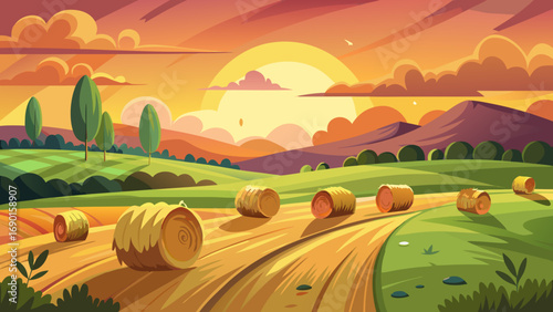Vector art of beautiful sunset over the field with hay bales and road in countryside
