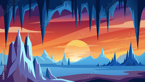 Vector art of a beautiful sunset over a frozen landscape with ice formations and icicles