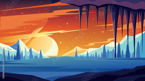 Vector art of a serene sunset over a winter landscape with ice formations and icicles