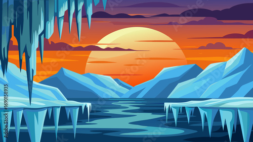 Vector art of a beautiful sunset over a frozen river with ice formations and icicles