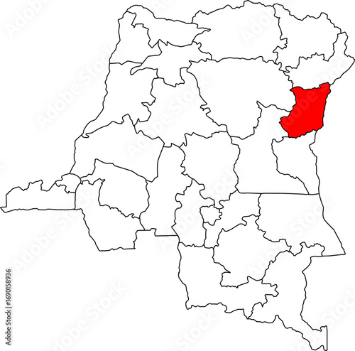 Clean, minimalist black outline map of the North Kivu province in the Democratic Republic of the Congo. Ideal for educational content, data visualization, or professional presentations.