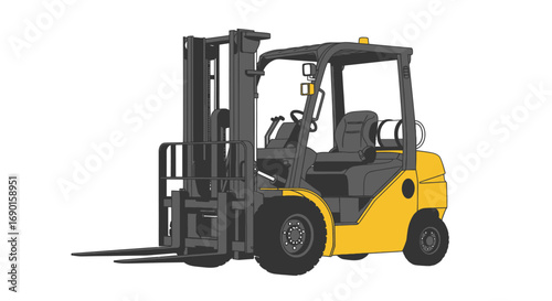 Yellow Forklift Truck with Black Wheels and Mast.