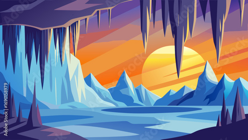 Vector art of winter landscape with frozen lake and mountains at sunset in cave view