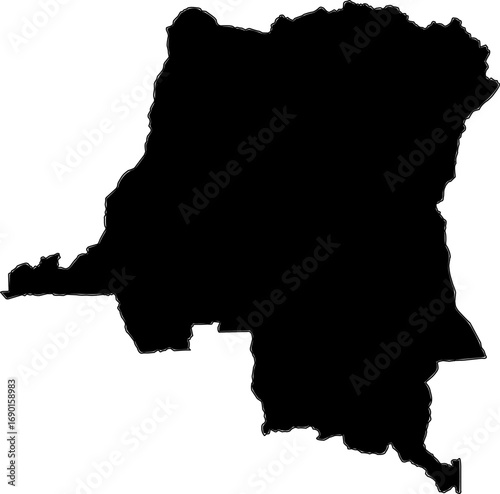 A clean, minimalist, and blank outline map of the Democratic Republic of Congo in a solid black color. Ideal for professional presentations, business reports, or geographical data visualization.

