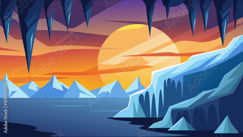 Vector art of winter landscape with frozen sea and mountains at sunset in cave view