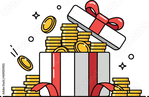 Vector vector art of gift box overflowing with gold coins, transparent background