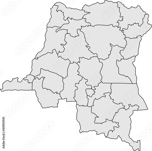 Clean, minimalist gray outline map of the Democratic Republic of the Congo with all provincial boundaries. Ideal for educational content, data visualization, or professional presentations.

