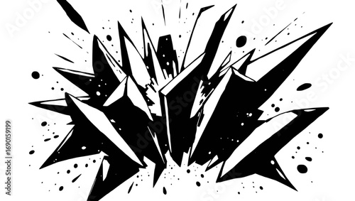 Vector art of explosive shatter effect with sharp black fragments