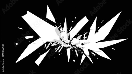Vector art of abstract shattered glass explosion with sharp fragments isolated on black