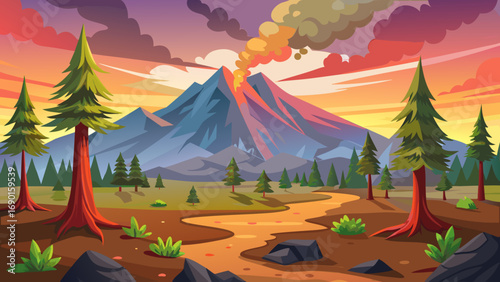 Vector art of cartoon landscape with erupting volcano, river, trees, and colorful sky