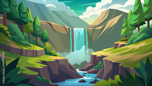 Vector art of cartoon landscape with waterfall, river, mountains, and green nature