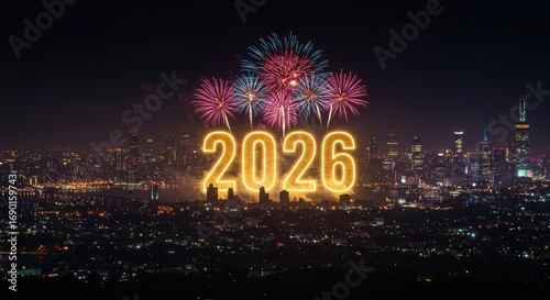 Illuminated 2026 Fireworks Display Over City Skyline at Night, New Year Celebration.