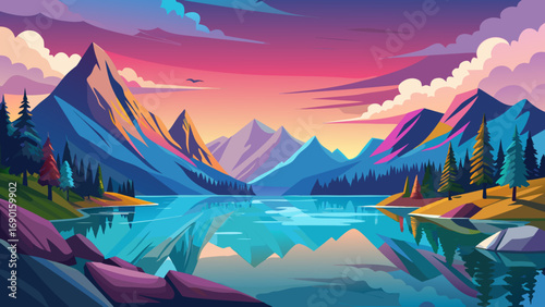 Vector art of vivid sunset over a mountain lake reflecting the colorful sky and peaks