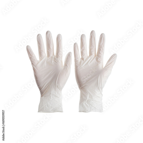 Pair of Clean White Nitrile Disposable Gloves Isolated on Black Background