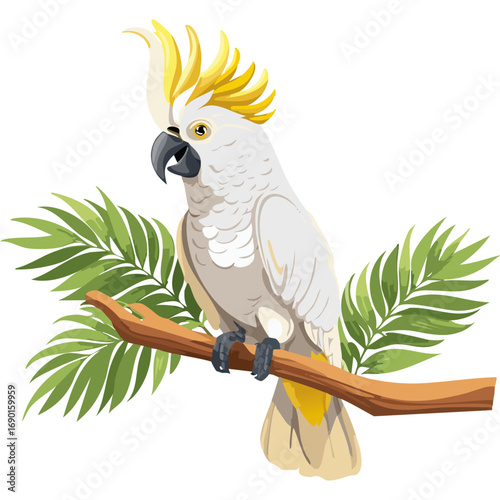 White cockatoo parrot sits on a branch with leaves color vector illustration. Exotic bird for design on isolated background.
