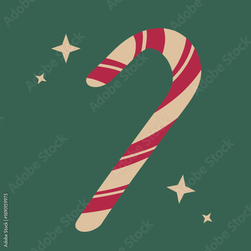 Candy cane illustration with red and white stripes, festive Christmas decoration on green background with stars. Vector