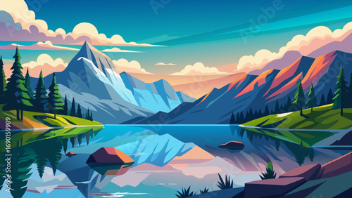 Vector art of breathtaking mountain scenery with lake reflecting the sky and surrounding nature