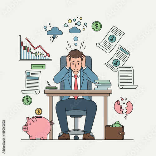 A stressed businessman is overwhelmed by financial problems, debt, and a failing economy, holding his head in despair at his desk.