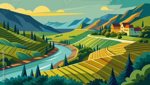 Vector art of idyllic vineyard landscape with river, houses, and rolling hills illustration