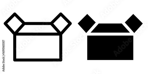 Cardboard box icons with open lid, front view. Two versions: line art and solid fill in black and white. Suitable for delivery, logistics, e-commerce, and warehouse illustrations. 開封状態のダンボールアイコンです。