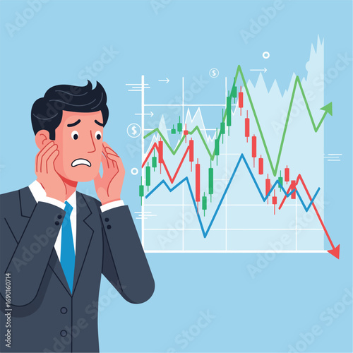 Worried businessman looking at a declining stock market graph.