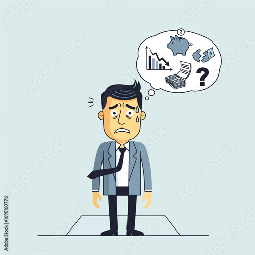 Anxious businessman in a suit sweating and worrying about his financial problems, debt, and a failing economy.